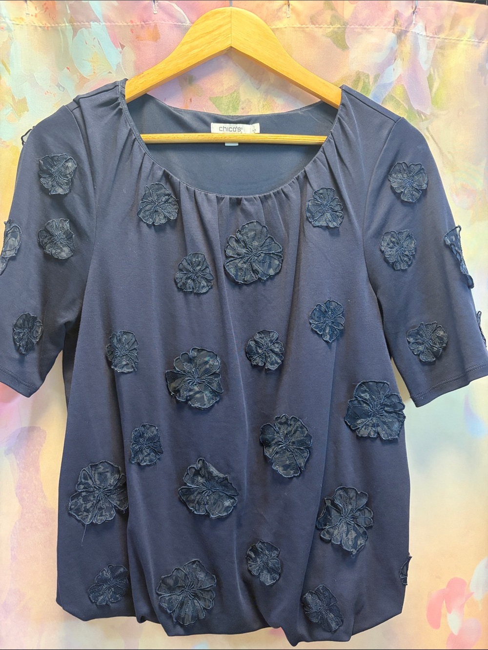 Chico's Navy Blue Floral Applique Scoop Neck Top